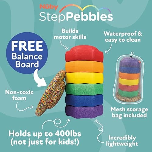 Nuby Stepping Stones StepPebbles with Balance Board - Montessori-Inspired Sensory Play - Stack, Step, & Balance Indoor & Outdoor Play - Waterproof & Holds Up to 400 lbs - Primary Colors thumbnail 3
