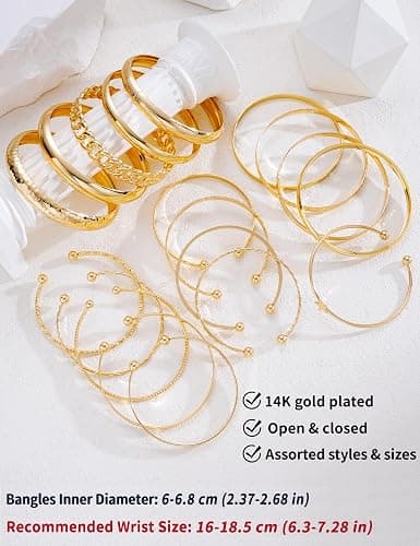 ÌF ME Gold Bangle Bracelets for Women, 19Pcs Multi Stackable Bangles Set | 14K Gold Plated, Chunky Textured Bracelet Stack, Fashion Boho Jewelry, Indian Bangles, Gifts for Women thumbnail 6