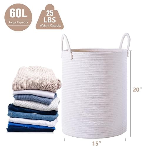 MOJOSCEND 60L Pure White Woven Hamper Laundry Basket Cotton Rope Blanket Basket for Living Room 20 inches Tall Clothes Hamper for Baby Nursery Kids in Bedroom thumbnail 2