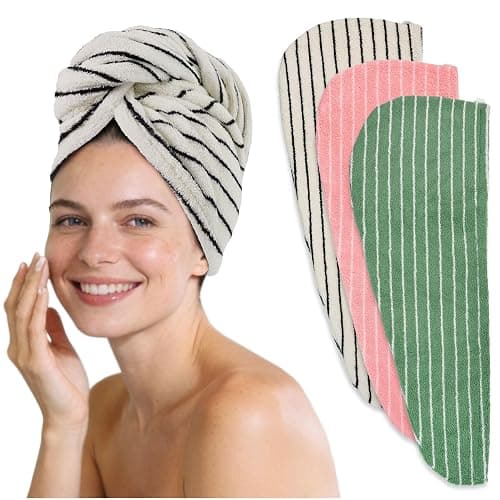 Jacquotha Cotton Hair Towels Wrap for Women, 3 Pack (Black, Pink, Green) | Quick Drying Hair Turban Towel for Wet Hair, 25” x 9.5”, Shower Spa Travel thumbnail 7