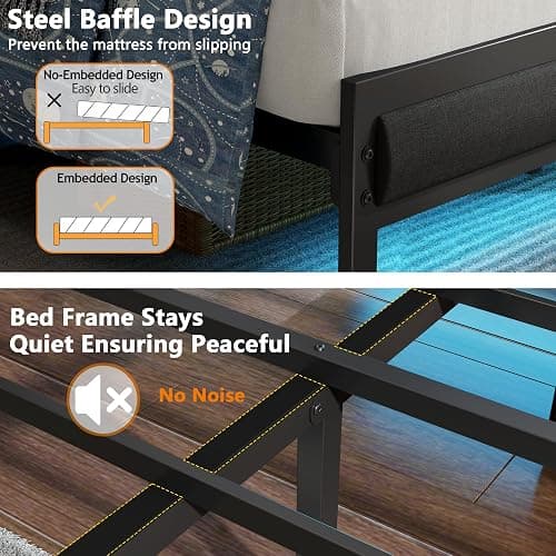Furnulem Queen Bed Frame with Headboard and Storage Shelf, LED Light and Charging Station, Metal Platform Bed with Heavy Duty Slats, No Box Spring Needed, Noise Free & Easy Assembly thumbnail 7