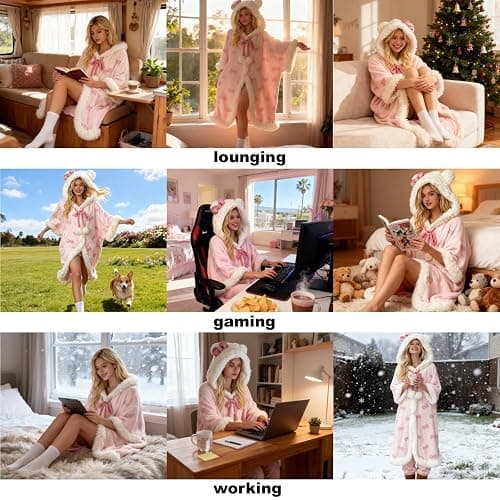CHERSE Cute Cartoon Winter Hooded Nightgown Pajama Set Robe Snuggie Wearable Blanket Hoodie for Women Pink Bow thumbnail 2