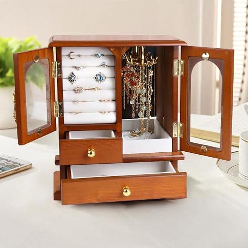 Kendal Wooden Jewelry Box for Women, Graduation Gift Solid Jewelry Holder Organizer, Mothers Day Gifts Wood Jewelry Case with Mirror for Necklaces, Earring, Rings (2 Side Door, Oak) thumbnail 5
