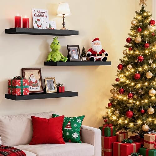 BAYKA Floating Shelves for Wall, Wall Mounted Rustic Wood Shelves for Bathroom, Bedroom, Living Room, Kitchen, Hanging Shelf for Books/Storage/Room Decor with 22lbs Capacity (Black, Set of 3, 15.7in) thumbnail 4