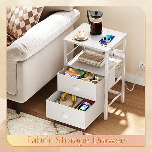 Furologee End Table with Charging Station, Nightstand with Fabric Drawers, Side Tables with USB Ports & Outlets, Night Stand with Storage Shelf & Hooks, for Living Room/Bedroom, White thumbnail 7