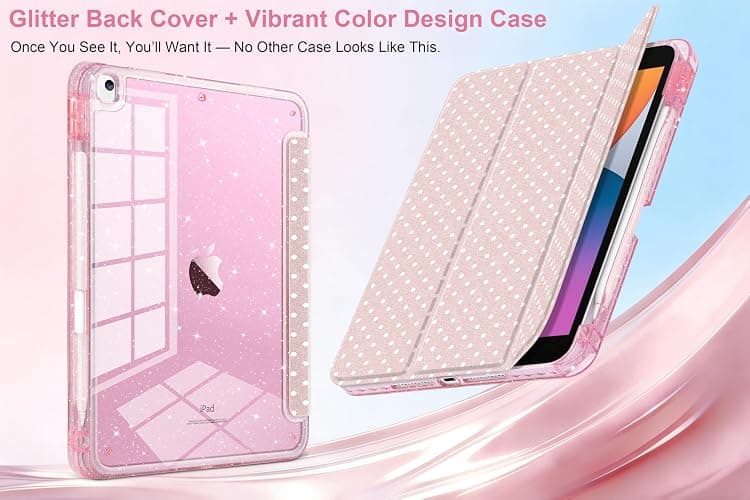 MEEgoodo Case for iPad 10.2 inch(9th Generation 2021/8th Gen 2020/7th Gen 2019), Glitter Tablet Cases with Transparent Acrylic Back+Trifold Stand+Pencil Holder+Auto Wake/Sleep,Blush Pink & Polka Dots thumbnail 8