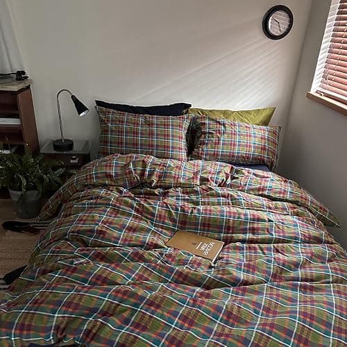 MKXI Buffalo Plaid Duvet Cover Set 3 Piece Vintage Bedding in Kelly Green, Navy & Red | 100% Washed Cotton Reversible Design with Zipper Closure & Corner Ties,Shabby Chic Aesthetic for Full thumbnail 7