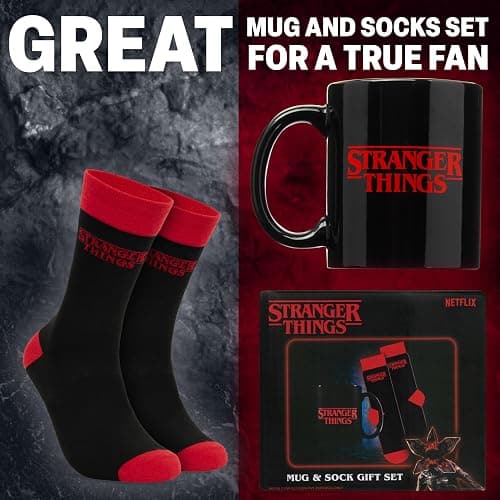 Get Trend Stranger Things 11oz Mug and Socks Set, Novelty Valentines Day Gifts for Men, Women, Teens, Crew Socks with Ceramic Coffee Mug Microwave Safe (Red/Black Stranger Things) thumbnail 3