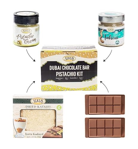 Alkis Dubai Chocolate Bar Pistachio Kit (Does Not Contain Chocolate) Bundle with 4 items : Pistachio Cream, Kataifi, Tahini, Silicone Chocolate Bar Molds (Makes 4 Bars) - Image 1