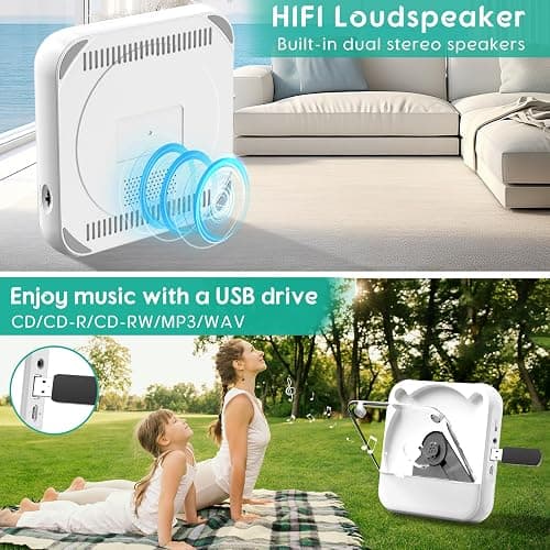 Portable CD Player with Bluetooth, Rechargeable CD Player for Home/Car, Built-in HiFi Speakers, Headphones, LCD Screen, Supports CD/AUX/USB and Repeat Modes, White thumbnail 6