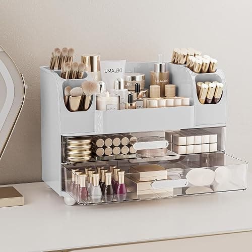Delamu Makeup Organizer Countertop with 6 Brush Holder, Bathroom Countertop Organizer with 2 Large Drawers, Cosmetic Display Case for Vanity, Ideal Christmas Gifts for Women Girls, Light White thumbnail 2