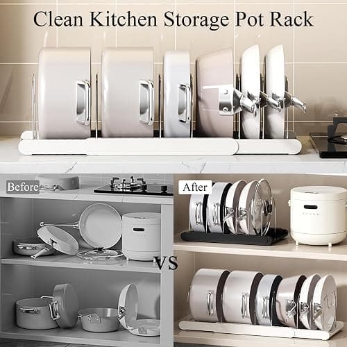 LICRUGU Pot Rack : Pots and Pans Organizer Under Cabinet 7 Adjustable Compartment Expandable Pot Lid Holder for Kitchen Cookware, Bakeware, Lid, Dishes, Cutting Boards,Apricot thumbnail 3