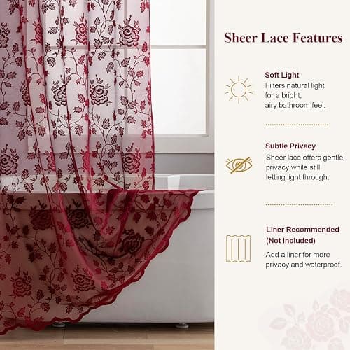 Burgundy Floral Lace Shower Curtain with Valance, 72 x 72 Inch, 1 Panel | Victorian Romance, French Country Charm, Shabby Chic Accent, Soft Light Diffusion, Rich Bath Decor, Subtle Privacy thumbnail 5