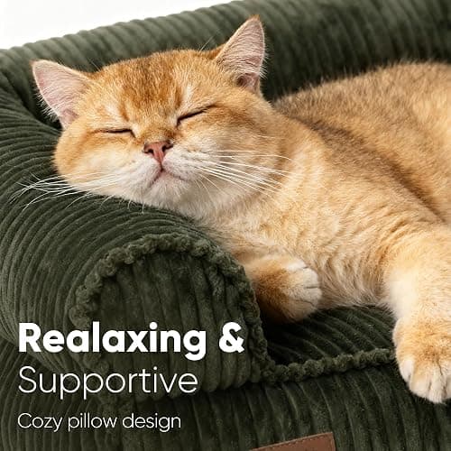 FUKUMARU Dog Couch Bed, Corduroy Cozy Cat Bed for Indoor Cats with Washable Cover, 28in Waterproof Orthopedic Dog Beds Sofa for Small Dogs and Large Cats, Cute Warm Cotton Pet Sofa, Green thumbnail 2