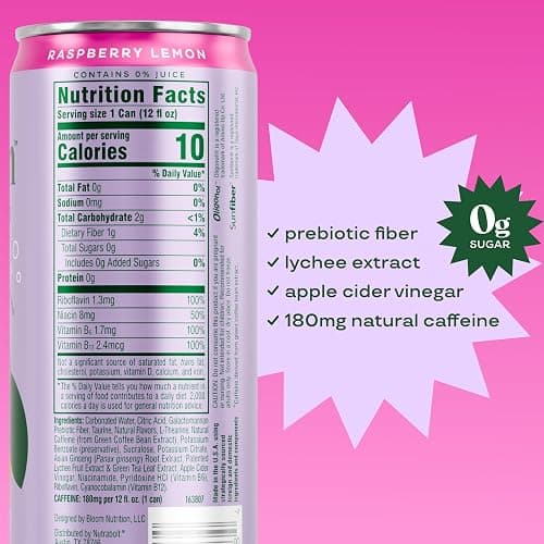 Bloom Nutrition Sparkling Energy Drink for Focus, Natural Caffeine, Zero Sugar, 180mg Caffeine, Antioxidant-Rich with Green Coffee Bean, Green Tea Extract, & Prebiotics, Raspberry Lemon 12oz 12 Pack thumbnail 2