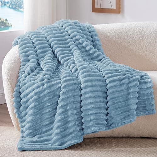 BEDELITE Fleece Throw Blanket for Couch - 300GSM Soft & Warm Fluffy Light Blue Blanket, Decorative and Giftable Striped Blankets for Women, Men, 50"x60" thumbnail 5