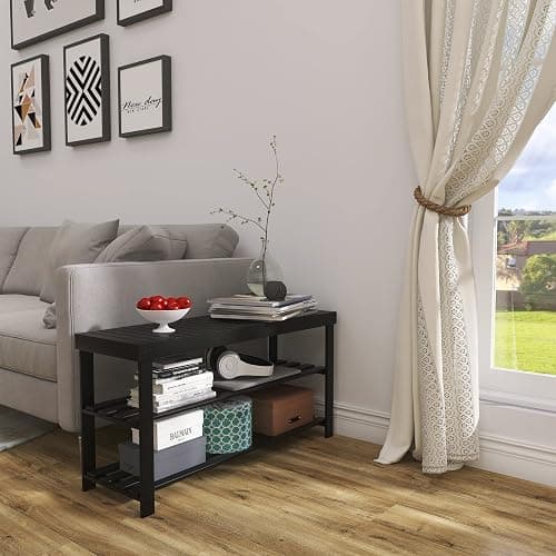 SMIBUY Bamboo Shoe Rack Bench, 3-Tier Shoe Organizer Storage Shelf for Entryway Hallway Bathroom Living Room (Black) - 33.86 x 11.23 x 17.9 inches - Black thumbnail 4