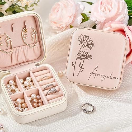 Yofair Personalized Jewelry Box with Birth Flower Bridesmaid Gifts Custom Leather Travel Jewelry Case Ring Box Birthday Christmas Gifts for Women thumbnail 4