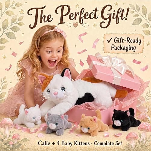 gnomantic Cat Stuffed Animals with Babies Inside, Mommy Toy for Kids | 5-Piece set: 1 mommy cat + 4 baby kittens inside. Unzip belly to reveal surprise babies. Ultra-soft, ages 3-8. thumbnail 7