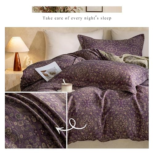 mixinni Purple Green Floral Duvet Cover King Size, Elegant Double-Layer Yarn Premium Cotton Vintage Duvet Cover Set, Exquisite Jacquard Design Bedding Set with 2 Pillowcases Perfect for Him and Her thumbnail 8
