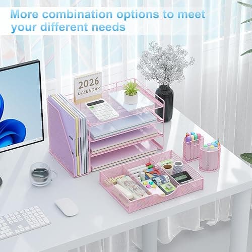 gianotter Desk Organizers and Accessories with File Holder, 4-Tier Desk Accessories & Workspace Organizers with Drawer and 2 Pen Holder, Paper Organizer for Office Supplies (Pink) thumbnail 6