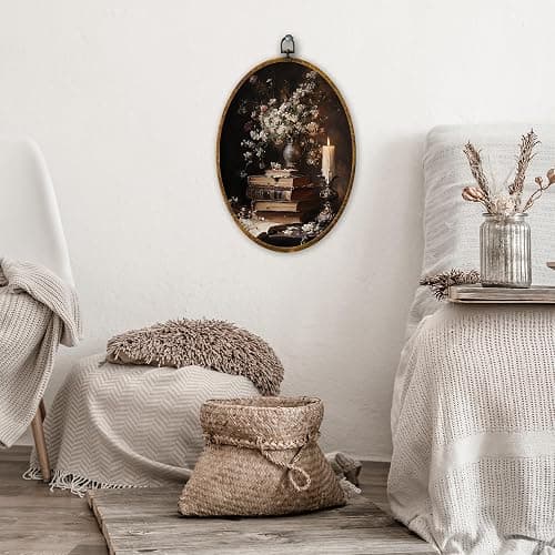 XPH Vintage Floral Book Oval Wall Art Framed, Book Lovers Gifts Oval Wall Decor, Dark Academia Flower Bookish Hanging Canvas Prints for Library Reading Nook Corner Room Decoration, 8.6x11.4 Inch thumbnail 2