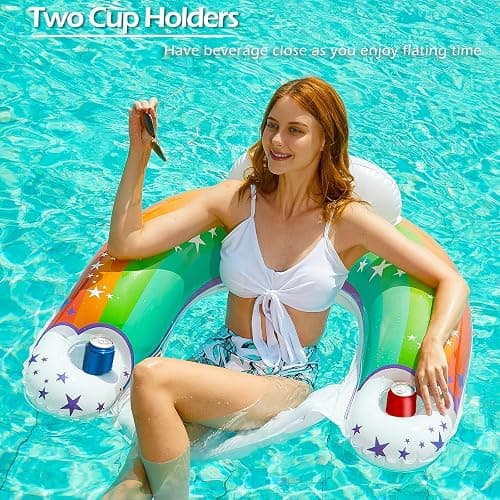 Jasonwell Inflatable Pool Float Chair - Pool Floaties Floating Pool Chair Lounge Floats for Swimming Pool Water Chair Pool Lounger with Cup Holder Pool Toy Party Floaty Adults (Rainbow-L) thumbnail 4
