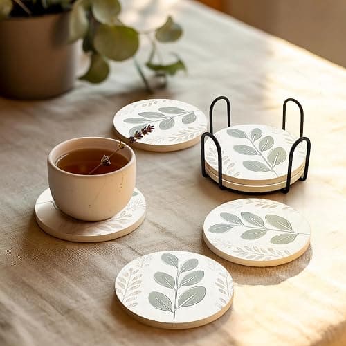VEYRO Ceramic Coasters Set of 6 – Absorbent Stone Drink Coasters with Holder, Non-Slip Cork Backing, Modern Marble Look Coasters for Coffee Table, Desk & Home Decor thumbnail 2
