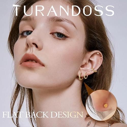 Turandoss 8 Pairs Hypoallergenic Gold Hoop Earrings for Women Trendy | Dainty 14K Gold Plated Huggie Hoop Stud Earrings for Women, Flat Back Earrings Set for Multiple Piercing thumbnail 2
