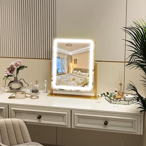 ROLOVE Vanity Mirror with Lights, 12.6"×15" LED Makeup Mirror, Lighted Makeup Mirror with Lights, Smart Touch Control Dimmable 3 Modes Light, Lighted Up Mirror for Makeup Desk, Gold thumbnail 7