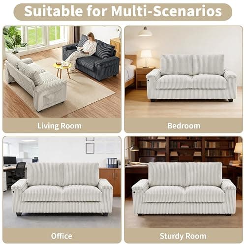 Sheng & Far 71" Loveseat Sofa with Storage Armrests & USB Charging Station | Storage Side Pockets, Sturdy Construction, Corduroy Fabric, White, for Living Room, Bedroom, Office, Apartment thumbnail 6