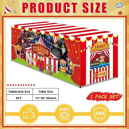6 FT Carnival Party Table Cover for Kids Circus Tablecloth Carnival Washable Fabric Polyester Rectangle Table Cover Decor Circus Activity Gift for Night Halloween Birthday Movie Party Supply thumbnail 2