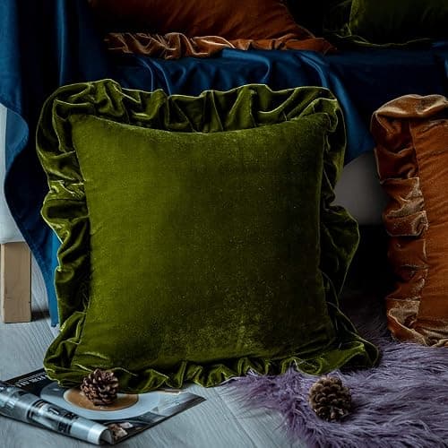Glory Season Velvet Throw Pillow Cover Soft Decorative Luxurious Solid Square Cushion Case for Sofa Couch Bedroom Farmhouse,Pack of 2, 18 x 18 Inches, Olive Green thumbnail 2