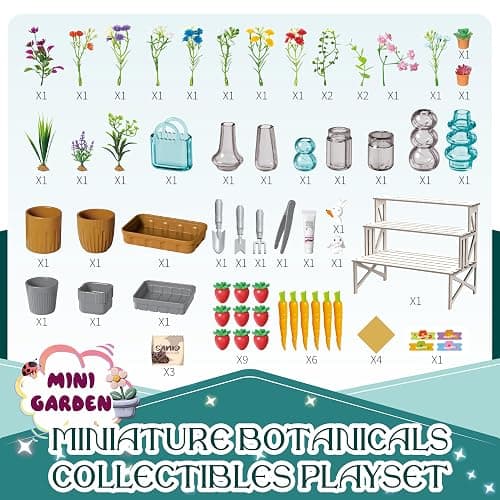 70 Pcs Make It Mini Botanicals Collectibles Playset, Paper Flower Bouquet DIY Crafts, Miniature Garden, Mini Plants, Bonsai, Potted, Succulent, Farm, Wooden Stand for Display, Toy Gift, Age 6+ (Brown) thumbnail 8