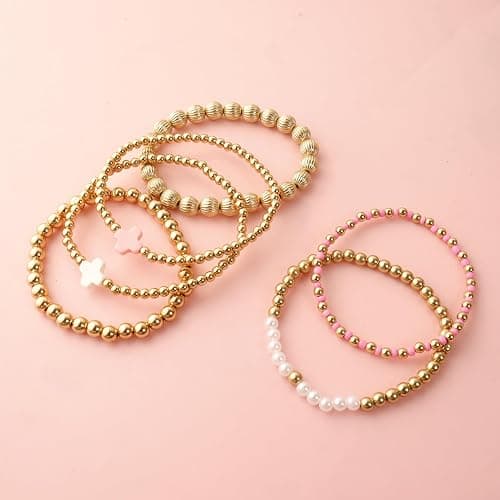 HUASAI Gold Bracelet Stack for Women Beaded Bow Bracelet Non Tarnish Chunky Stretch Paperclip Cross Pearl Bracelets Set Christmas Jewelry Gifts Stocking Stuffers for Teen Girls thumbnail 8