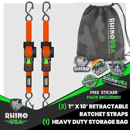 Rhino USA Retractable Ratchet Straps (2-Pack) - 1 Inch x 10 Feet (1,209lb Break Strength) - Auto Self Retracting Tie Down Straps for Truck, Cargo Trailer, Motorcycle, ATV, UTV - Orange thumbnail 6