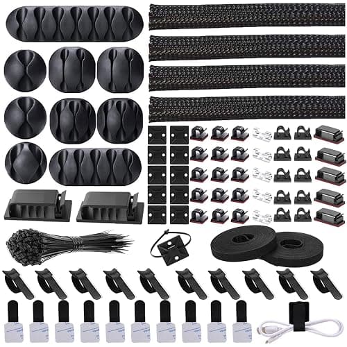 Cord Management Organizer Kit 4 Cable Sleeve split 192PCS Cable Management | 41Self Adhesive Cable Clips Holder, 10pcs and 2 Roll Self Adhesive tie ,100 Fastening Cable Ties, for TV Office Car Desk Home - Image 1