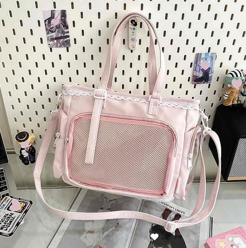 JIABAOZ Ita Bag Umhängetasche Damen, Pin Display Tasche mit Einsatz und Transparentem Sichtfenster, Kawaii Y2K Schultertasche mit Rüschen und Reißverschluss, Anime Messenger Bag thumbnail 6