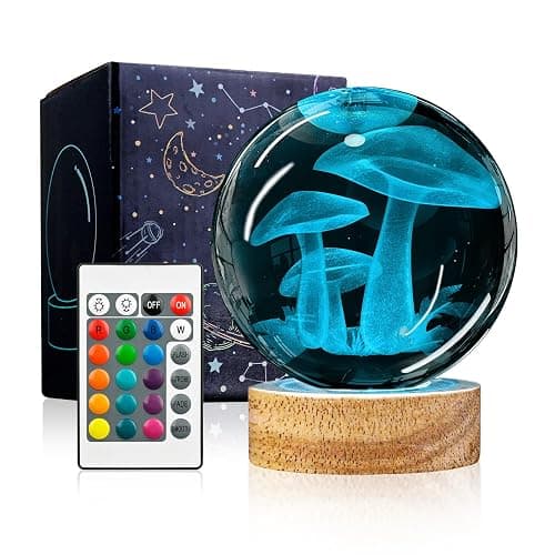 YYLZEPHB 3D Crystal Ball Night Light with Wooden Base, Mushroom Glass Ball Lamp with 16 Colors and Remote Control - Cool Desk Decor Gift for Kids and Friends - Image 1