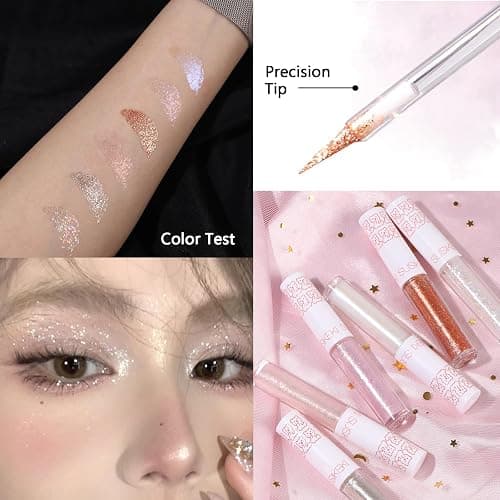 6Pcs Liquid Glitter Eyeshadow Eyeliner, Korean Makeup, Bling Under Eye Shadow, Shimmer Eye Make Up Valentine's Gift Set,Long Lasting,Quick Drying & Pigmented Loose Glitter Glue for Crystals Makeup thumbnail 2