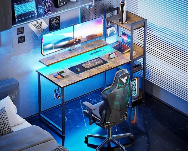 ODK Reversible Gaming Desk with Power Outlets and LED Lights, 48 Inch Computer Desk with Storage Shelves and Monitor Stand, Modern Writing Study Desk for Home Office, Rustic Brown thumbnail 2