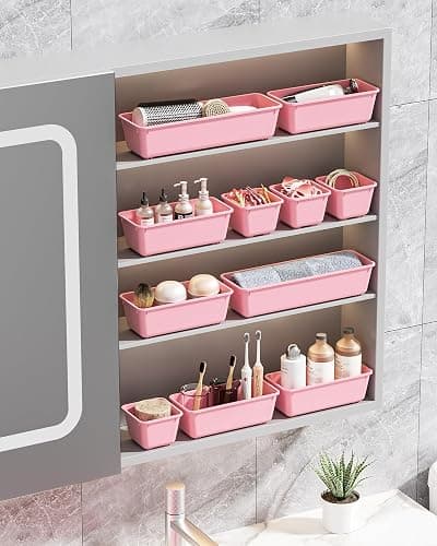 Canfanni 13 Pack Plastic Drawer Organizers Set, 3 Sizes Desk Drawer Organizer Trays for Vanity and Makeup Organizer, Organization and Storage for Makeup, Kitchen Utensils, Bathroom and Office(Pink) thumbnail 2