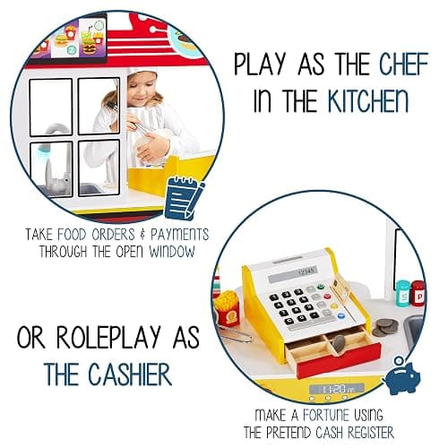 Lil' Jumbl Wooden Restaurant Playset, Interactive Diner Kitchen, Ages 3-8 | Gives kids a lifelike serving and prep space with refrigerator, oven, sink, and menu boards to spark creative fun. thumbnail 6