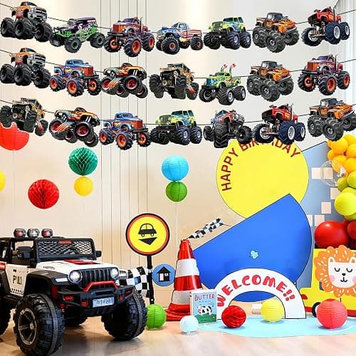 Monster Truck Happy Birthday Banner Truck Car Birthday Decorations Racing Theme Party Decorations Party Decoration Supplies Suitable for Boys Girls Baby Children Decoration thumbnail 6