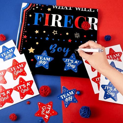 4th of July Patriotic Gender Reveal Poster Sign Party Supplies Decorations with 72 Pcs He or She Stars Firecracker Gender Reveal Sticker Labels for Summer Baby Shower Gender Reveal Decorations thumbnail 2