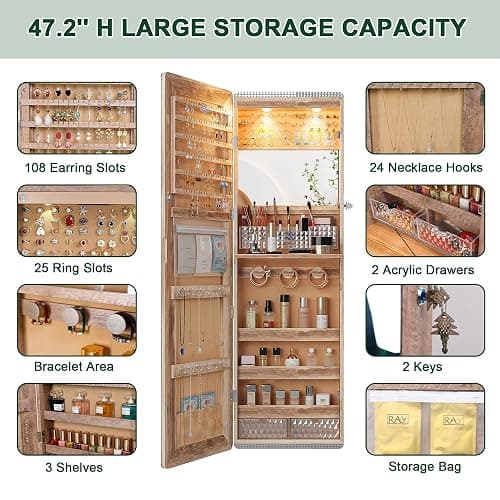 HNEBC LED Mirror Jewelry Cabinet with RGB Lights,47.2" Wall Mounted Jewelry Organizer with Full-Length Mirror,Over The Door Hanging Jewelry Armoire Storage Cabinet,Folding Dresser,2 Drawers,Lockable thumbnail 5