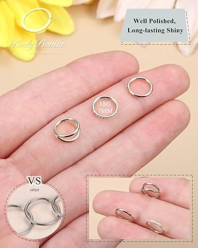 BodyBonita 3pcs Nose Rings Hoops - Double Hoop Nose Ring 14/16/18/20G Hinged CZ Piercing Jewelry Septum Clicker Rings Cartilage Earring Helix Rook Tragus Daith 7mm/8mm/9mm/10mm thumbnail 2