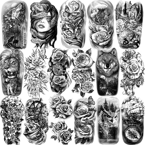 77 Sheets Temporary Tattoo for Men and Women, 17 Sheets Half Arm Chest Shoulder Fake Tattoos, 60 sheets Tiny Black for Adults, Waterproof Realistic Tattoos Long-Lasting - Image 1