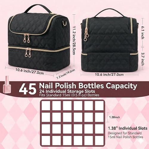 BAGCRAZY Nail Polish Organizer Case, Double Layer Nail Supplies Storage Bag holds 24 Bottles & UV/LED Lamp, Quilted Portable Manicure Travel Case with 8 Pcs Tools, for Nail Tech, Home & Salon, Black thumbnail 5