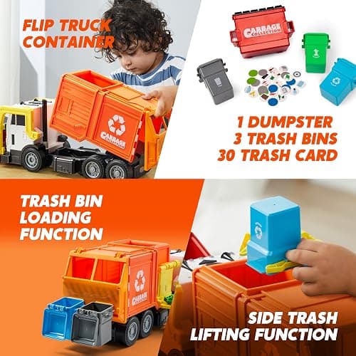 JOYIN Large Friction Powered Garbage Truck Toy Set, Includes Dumpster, Trash Bins, and Learning Cards for Kids, Orange thumbnail 4